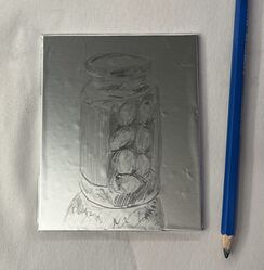A pencil drawing of an olive jar on the foil plate