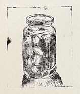 A sketchily drawn print of a jar of olives